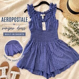 Aeropostale Blue Smocked Romper Dress Built In Shorts Swiss Dot Small